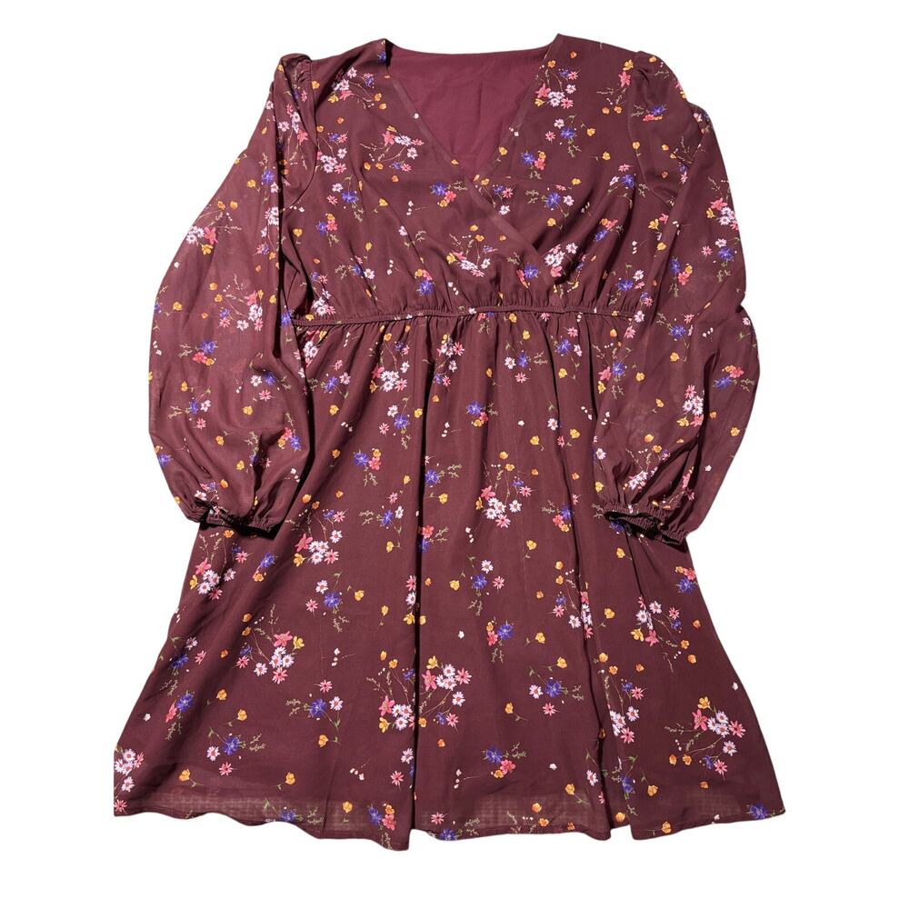 Womens 2XL Maroon Floral V-Neck Lined Flare Casual Dress